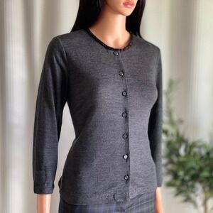 Vintage 90s TOTO n KO Gray Beaded Neck Wool Blend Button Front Cardigan Top Sz P